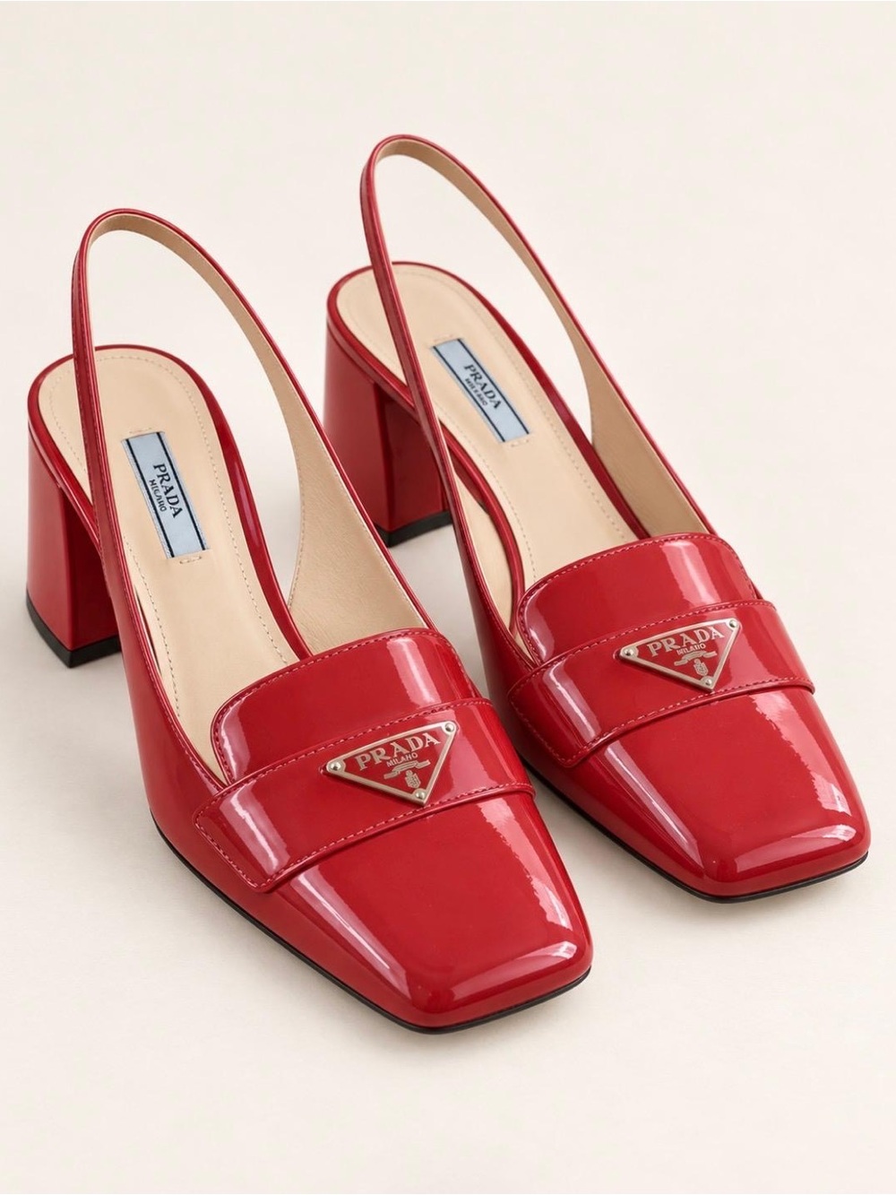 Prada Red Patent Slingback Block Heels - Picture 3 of 12